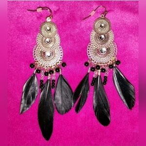 Mosaic Rhinestones Black Feathers Beads Chandelier Earrings Gold Plated Hooks